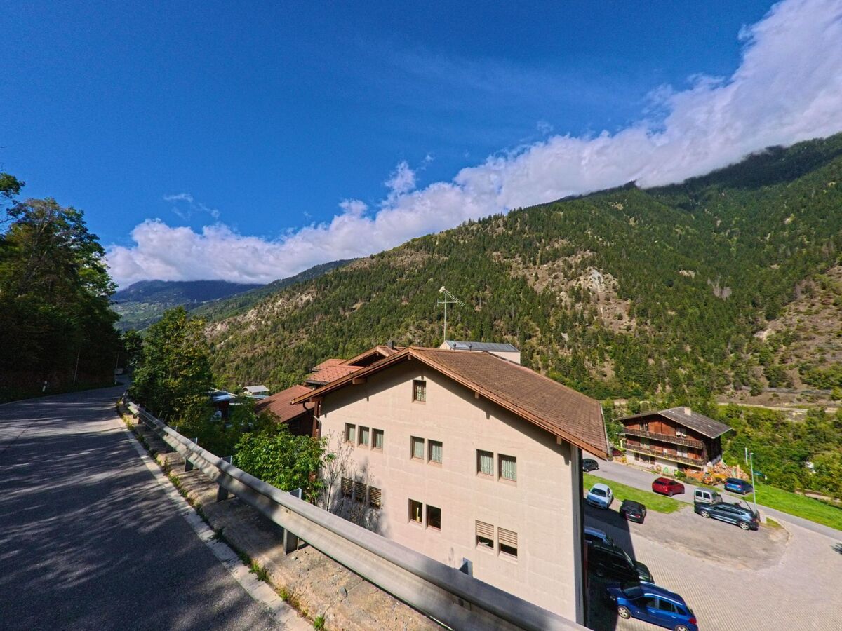 Am Hang von Grengiols (3993, Kanton Wallis) steht ein Wohnhaus mit Parkplatz, während sich dahinter die bewaldeten Berghänge erheben.