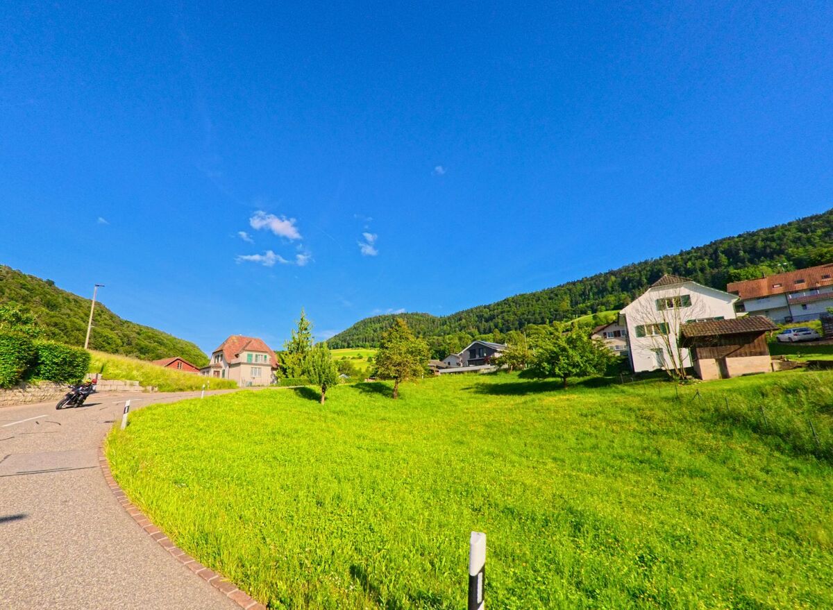 In Grindel (4247, Kanton Solothurn) schlängelt sich eine schmale Strasse durch sanft ansteigende Wiesen mit verstreuten Häusern am Waldrand.
