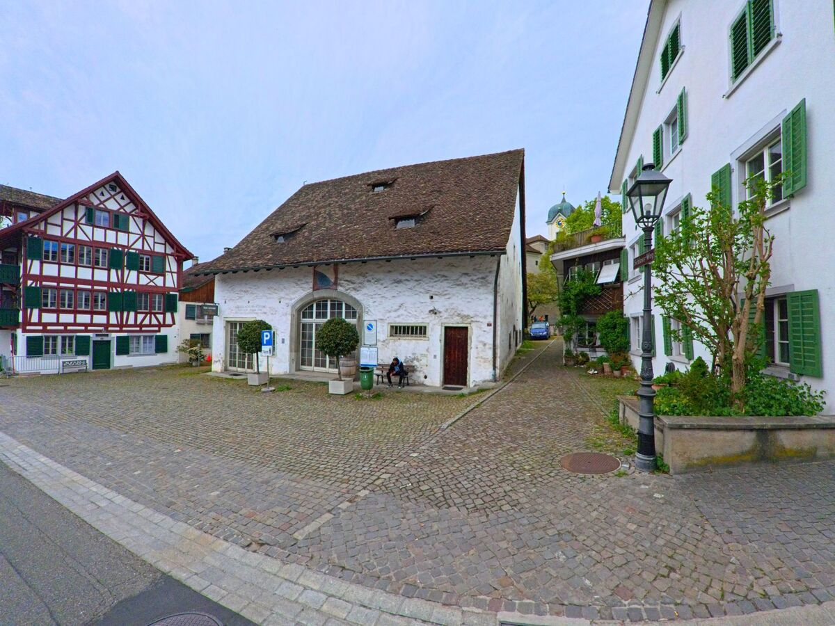 Im historischen Zentrum von Grüningen, PLZ 8627 im KANTON Zürich stehen Fachwerkhäuser und ein altes weisses Gebäude umgeben von Kopfsteinpflaster und einer schmalen Gasse.