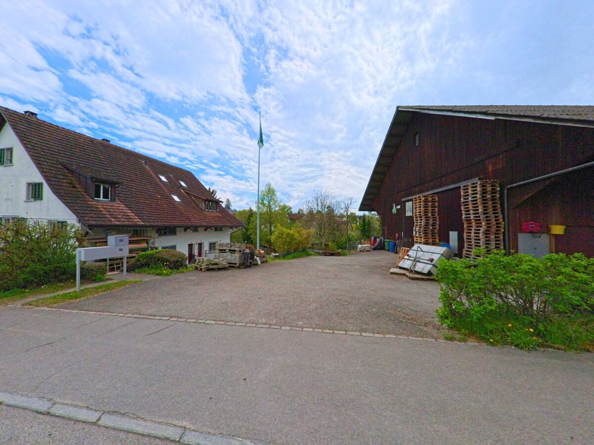 Am Rand von Grüningen, PLZ 8627 im KANTON Zürich liegt ein landwirtschaftliches Anwesen mit einem grossen Holzstadel, Palettenstapel und einem Wohnhaus im traditionellen Stil.