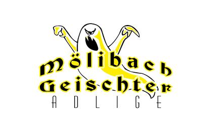 Logo der Guggenmusig Mölibachgeischter Adlige aus Adligenswil (6043, Kanton Luzern). Das Vereinslogo zeigt eine stilisierte Geisterfigur mit ausgebreiteten Armen sowie den Schriftzug des Vereins in auffälliger schwarz-gelber Gestaltung. Die Darstellung steht für die Fasnachts- und Guggenmusiktradition des Vereins im Kanton Luzern.