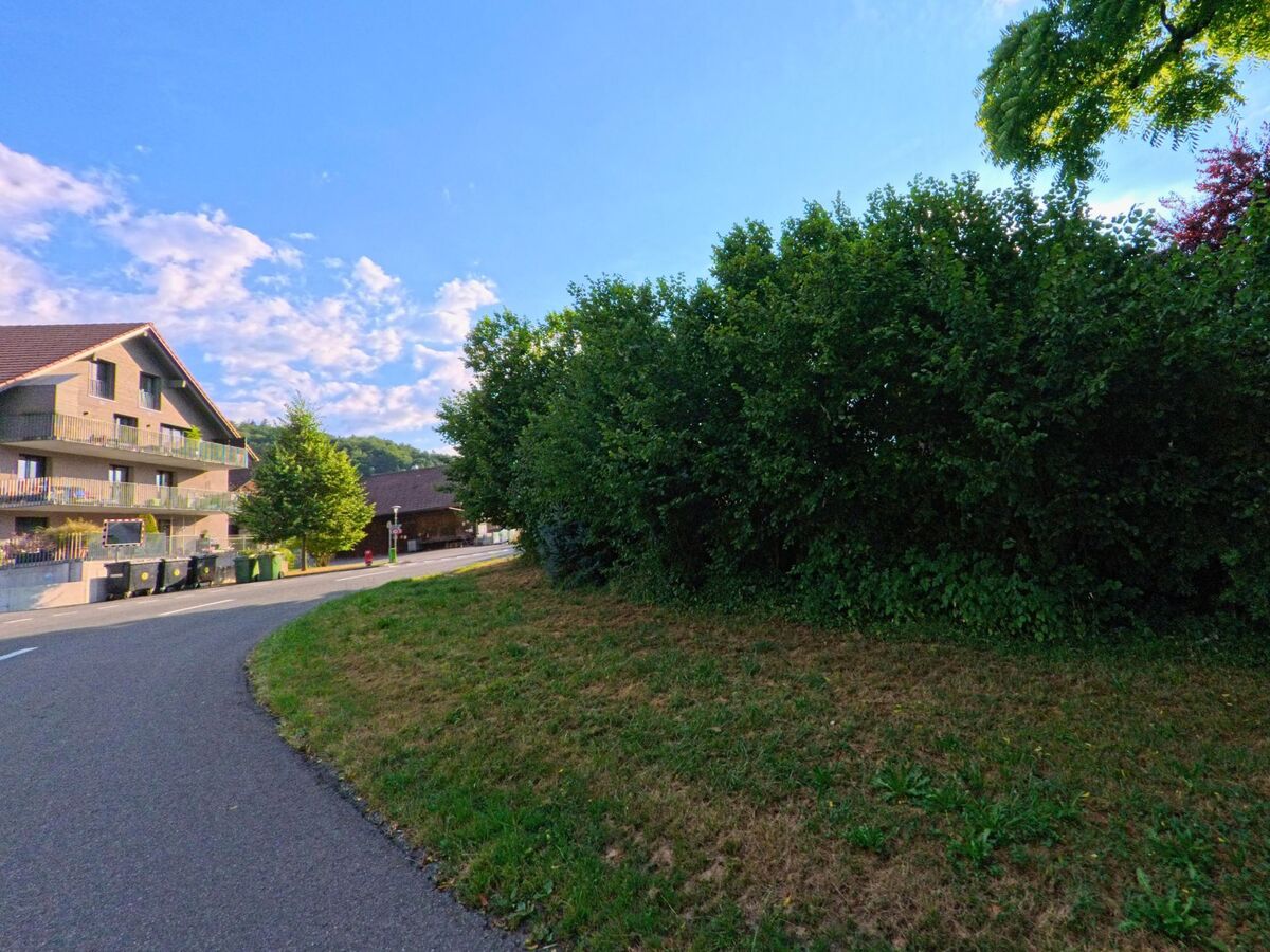 In Gurzelen (3663, Kanton Bern) verläuft ein geteilter Weg zwischen dichter Hecke und einem Wohngebäude mit Balkonen entlang einer ruhigen Strasse.
