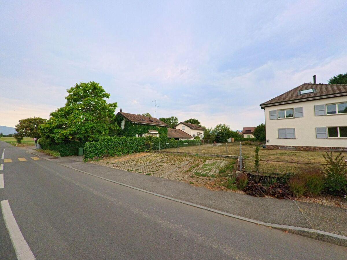 In Gy (1251, Kanton Genf) grenzen Wohnhaeuser mit Gaerten an eine ruhige Strasse mit Fussgaengerstreifen.