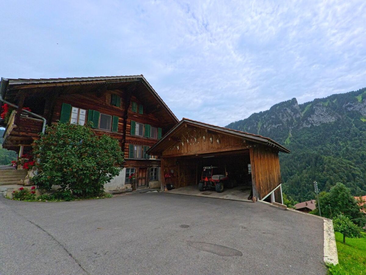 In Habkern (3804, Kanton Bern) steht ein traditionelles Wohnhaus mit grünen Fensterläden und angebautem Holzschuppen vor steilem Bergwald.