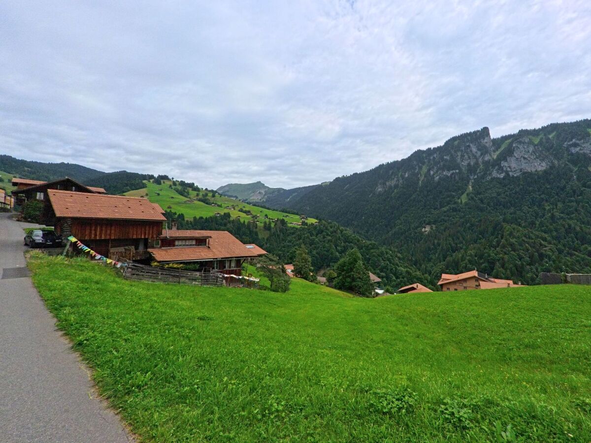  In Habkern (3804, Kanton Bern) ziehen sich rote Hausdaecher entlang eines Hangs, mit weitem Blick ueber gruene Matten und bewaldete Felshaenge.