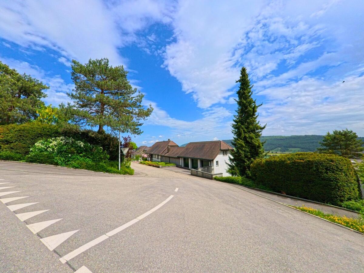 In Hägendorf (PLZ 4614, Kanton Solothurn) fuehrt eine kurvige Strasse durch ein ruhiges Wohngebiet mit Einfamilienhaeusern und viel Gruen.