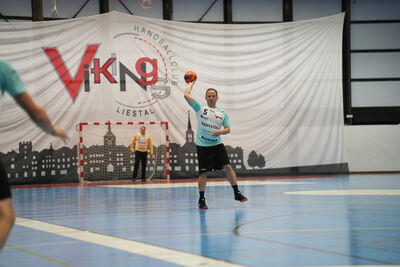 In Lausen (4415, Kanton Baselland) wirft ein Handballspieler des Handballclub Vikings Liestal waehrend eines Hallenspiels den Ball in Richtung Tor, im Hintergrund das Vereinsbanner.