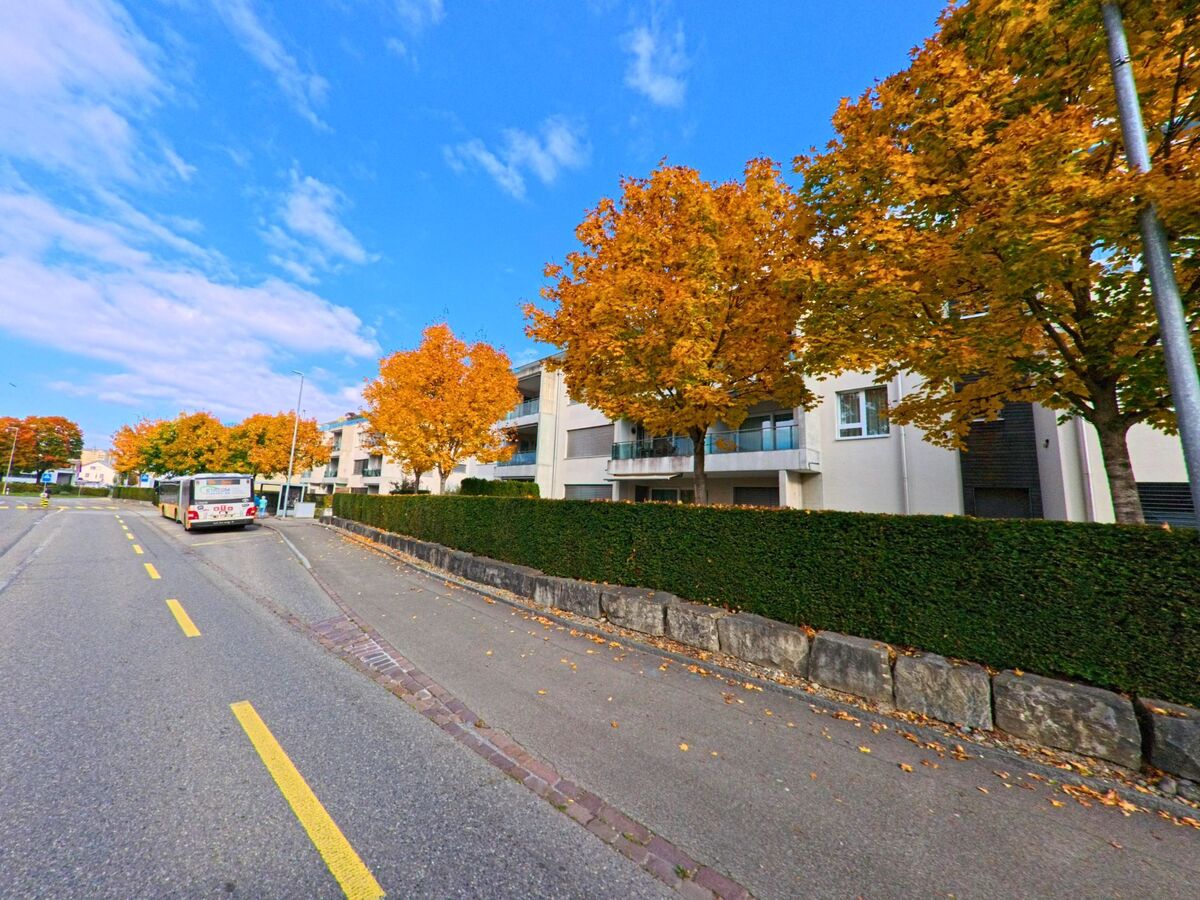 Entlang einer Strasse in Hausen (5212, Kanton Aargau) fahren Busse an modernen Wohnhaeusern vorbei, die von herbstlich gefaerbten Baeumen gesaeumt sind.