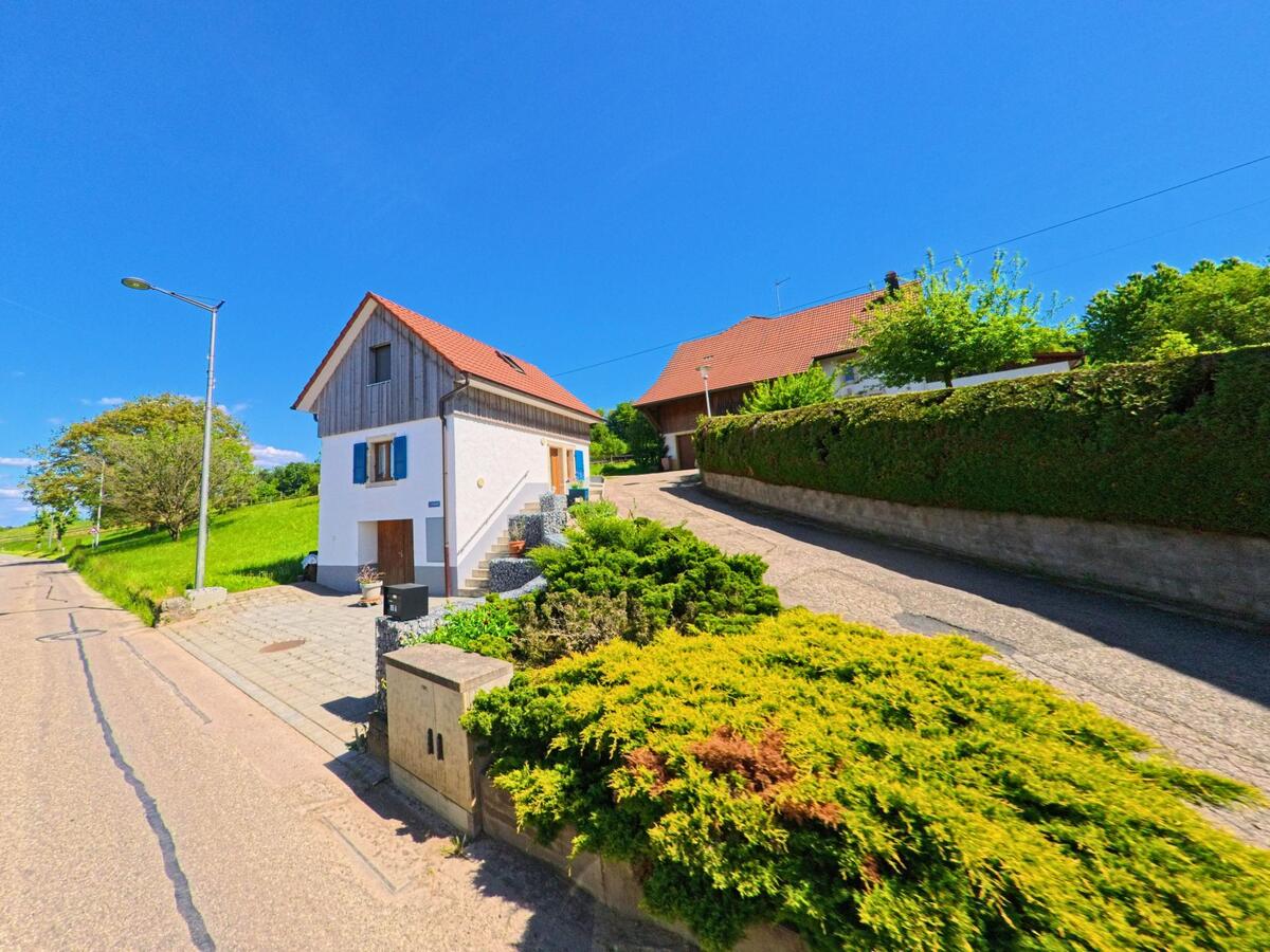 In Haute-Ajoie (2906, Kanton Jura) steht ein kleines Wohnhaus mit blauen Fensterläden am Rande einer ruhigen Quartierstrasse mit gepflegter Bepflanzung.