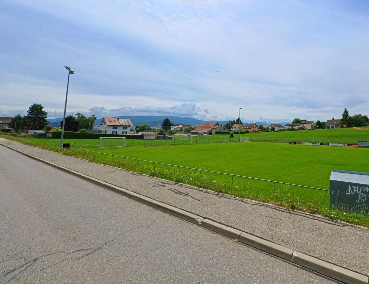 Ein weitläufiges Fussballfeld in Hauterive (1730, Kanton Freiburg) liegt unter offenem Himmel, umgeben von Wohnhäusern und einer ruhigen Nebenstrasse.
