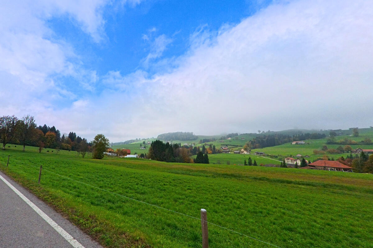 Eine offene Huegellandschaft mit Wiesen erstreckt sich am Rand von Hemberg (9105, Kanton St. Gallen) unter leicht bedecktem Himmel.