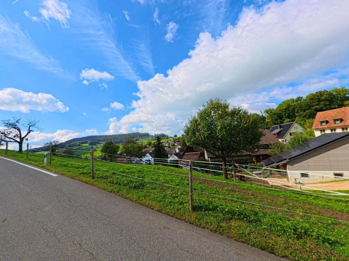 Von einer ansteigenden Strasse in Hemmiken (4465, Kanton Basel-Landschaft) blickt man über Weidezäune hinweg auf verstreute Häuser und die grünen Hügel des Tals.