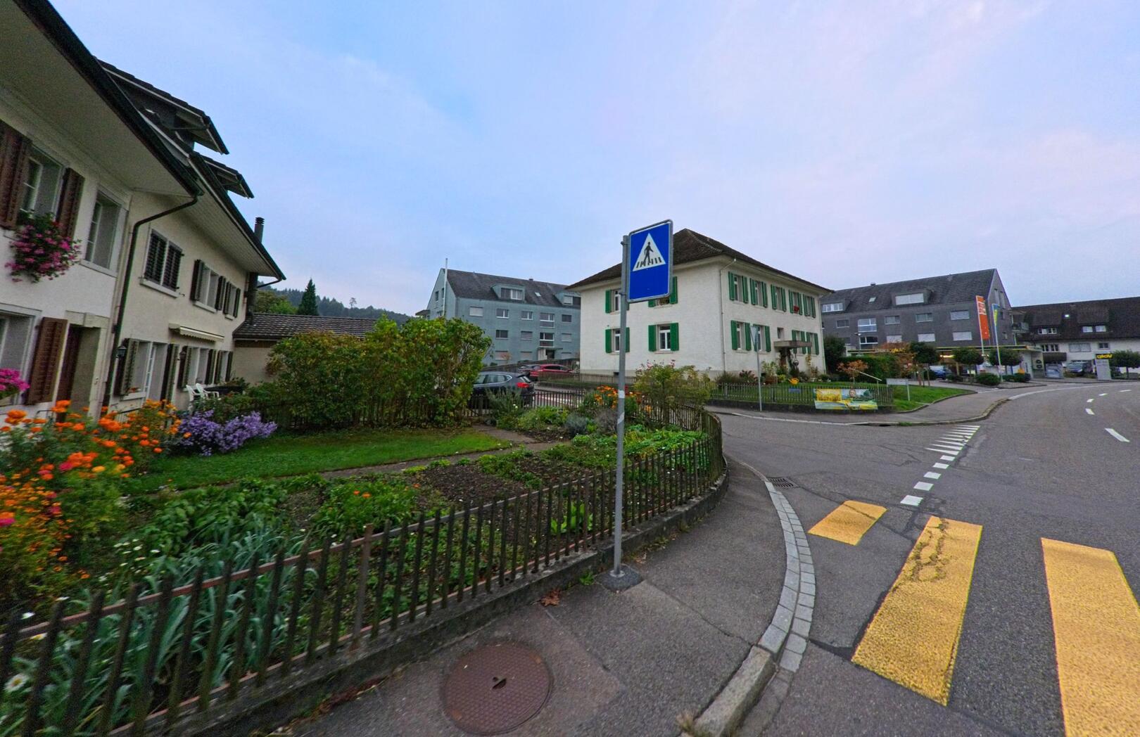 Ein Fussgaengerstreifen fuehrt in Hendschiken (5604, Kanton Aargau) an gepflegten Wohnhaeusern mit Blumengaerten und gruener Umgebung vorbei.