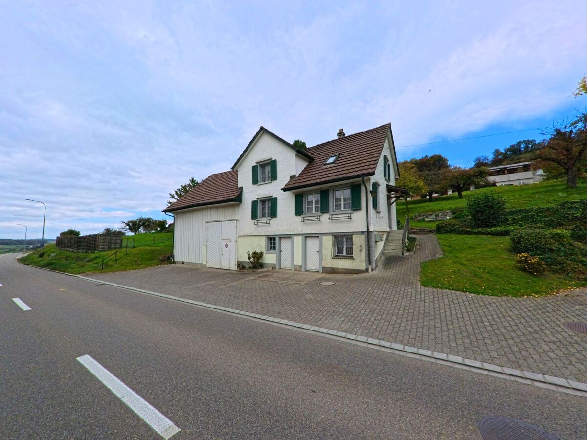 Am Ortsrand von Herdern (8535, Kanton Thurgau) steht ein weisses Haus mit grünen Fensterläden neben einer Strasse und einem ansteigenden Wiesenhang.