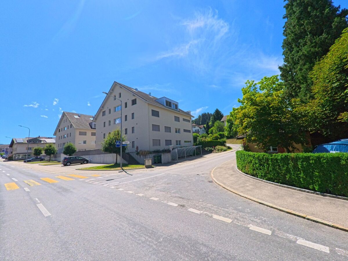 In Hergiswil bei Willisau (6133, Kanton Luzern) stehen moderne Mehrfamilienhäuser mit markantem Satteldach entlang der Hauptstrasse, flankiert von Bäumen und einem Fussgängerstreifen.