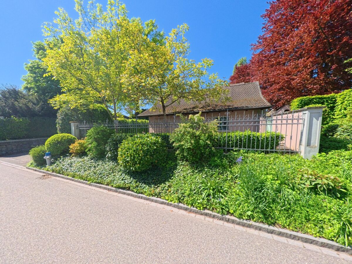 Ein mit Bäumen und Hecken eingefasstes Anwesen in Herrliberg, PLZ 8704 im Kanton Zürich, liegt hinter einem schmiedeeisernen Zaun entlang einer ruhigen Strasse.