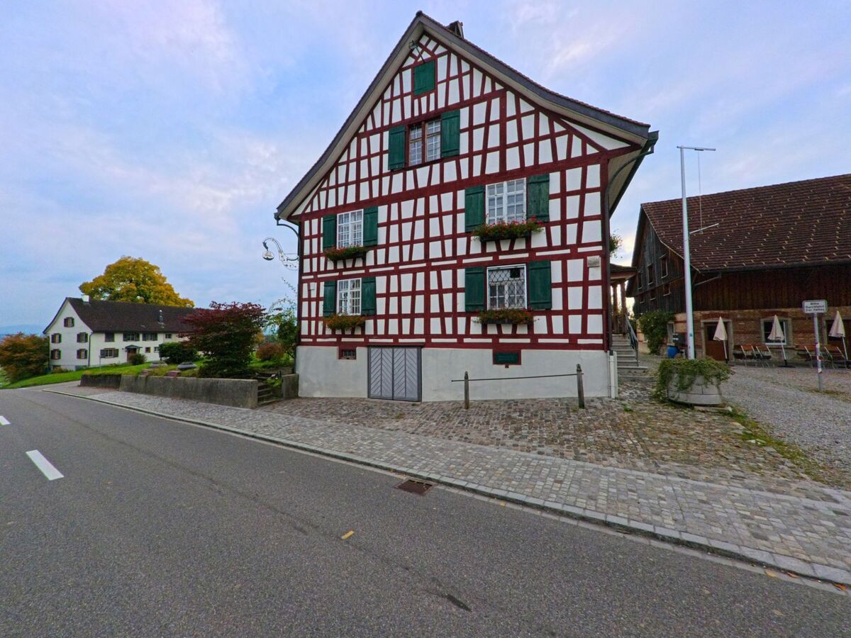 Ein traditionelles Fachwerkhaus mit grünen Fensterläden steht in Hohentannen (9216, Kanton Thurgau) direkt an der Strasse neben einem gepflasterten Platz.