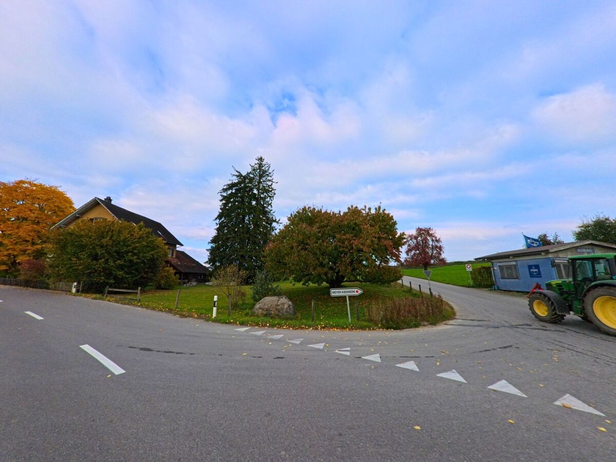 An einer Strassenverzweigung in Hohentannen (9216, Kanton Thurgau) stehen Bäume, ein Wegweiser und ein Gebäude neben einem vorbeifahrenden Traktor.