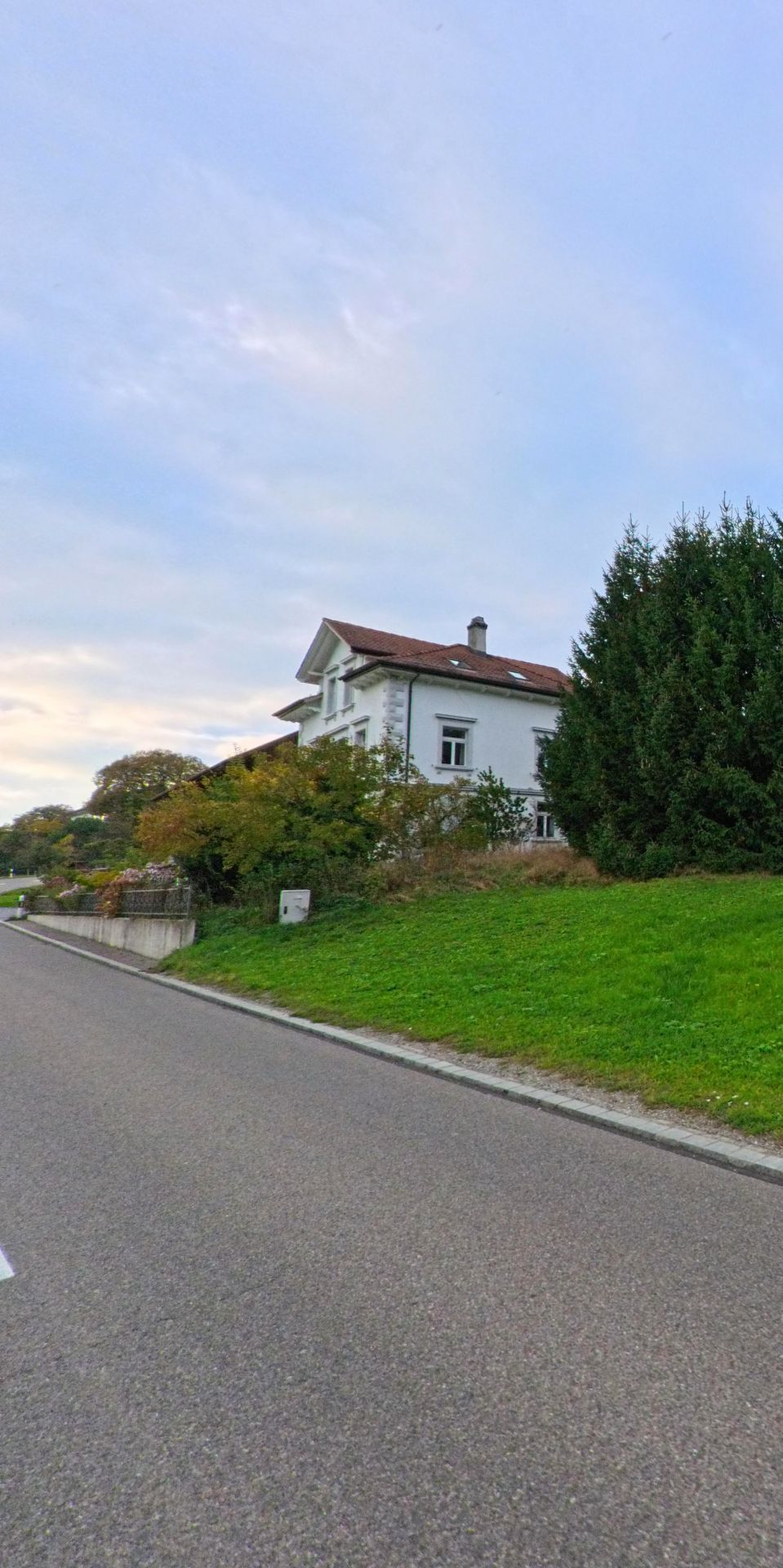 Oberhalb einer leicht ansteigenden Strasse steht in Hohentannen (9216, Kanton Thurgau) ein weisses Haus hinter einer Wiese und dichtem Buschwerk.