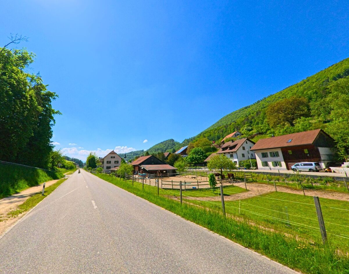 Eine laendliche Strasse in Holderbank (4718, Kanton Solothurn) verlaeuft bei Sonnenschein zwischen einem Waldweg und Weideflaechen mit Wohnhaeusern am Hang.