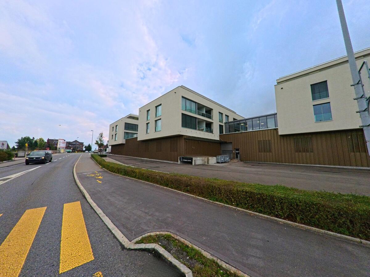 Zeitgemässe Wohnbauten säumen eine leicht ansteigende Strasse in Honau (6038, Kanton Luzern).