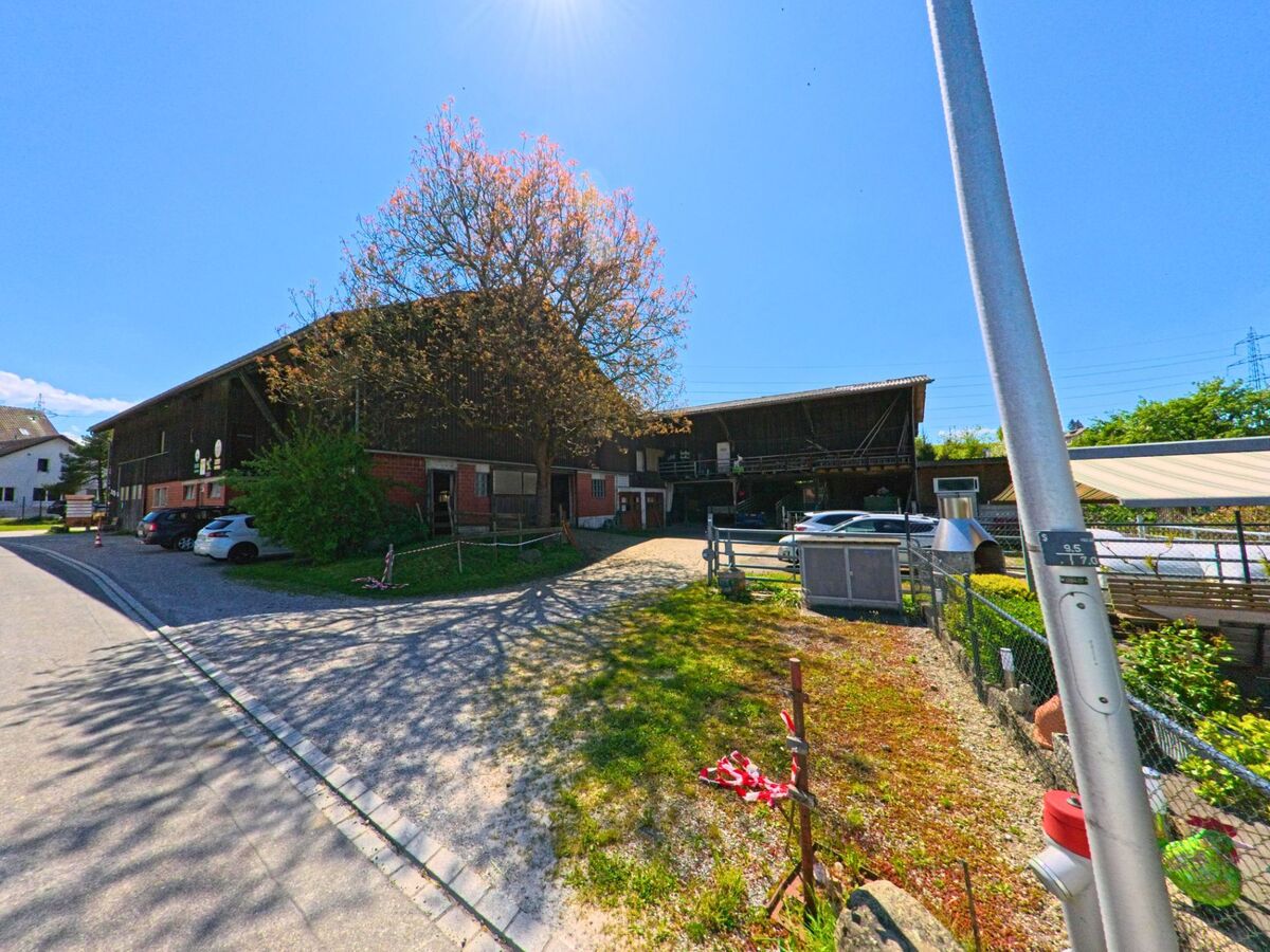 In Horgen (8810, Kanton Zürich) liegt ein Bauernhof mit Holzstallungen und geparkten Fahrzeugen an einer ruhigen Seitenstrasse bei strahlendem Sonnenschein.