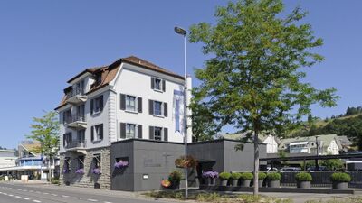Das Hotel Freihof in Unteraegeri (6314, Kanton Zug) steht an der Hauptstrasse und kombiniert ein klassisches Wohnhaus mit einem modernen Erweiterungsbau.