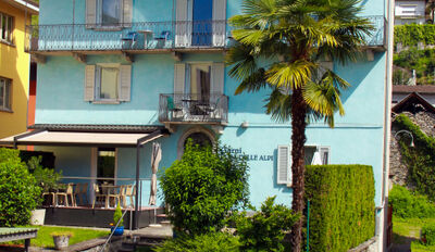 Das Hotel Rosa delle Alpi in Gordola (6596, Kanton Tessin) zeigt eine hellblaue Fassade mit Balkonen, Palmen und einer kleinen Terrasse im gepflegten Garten.