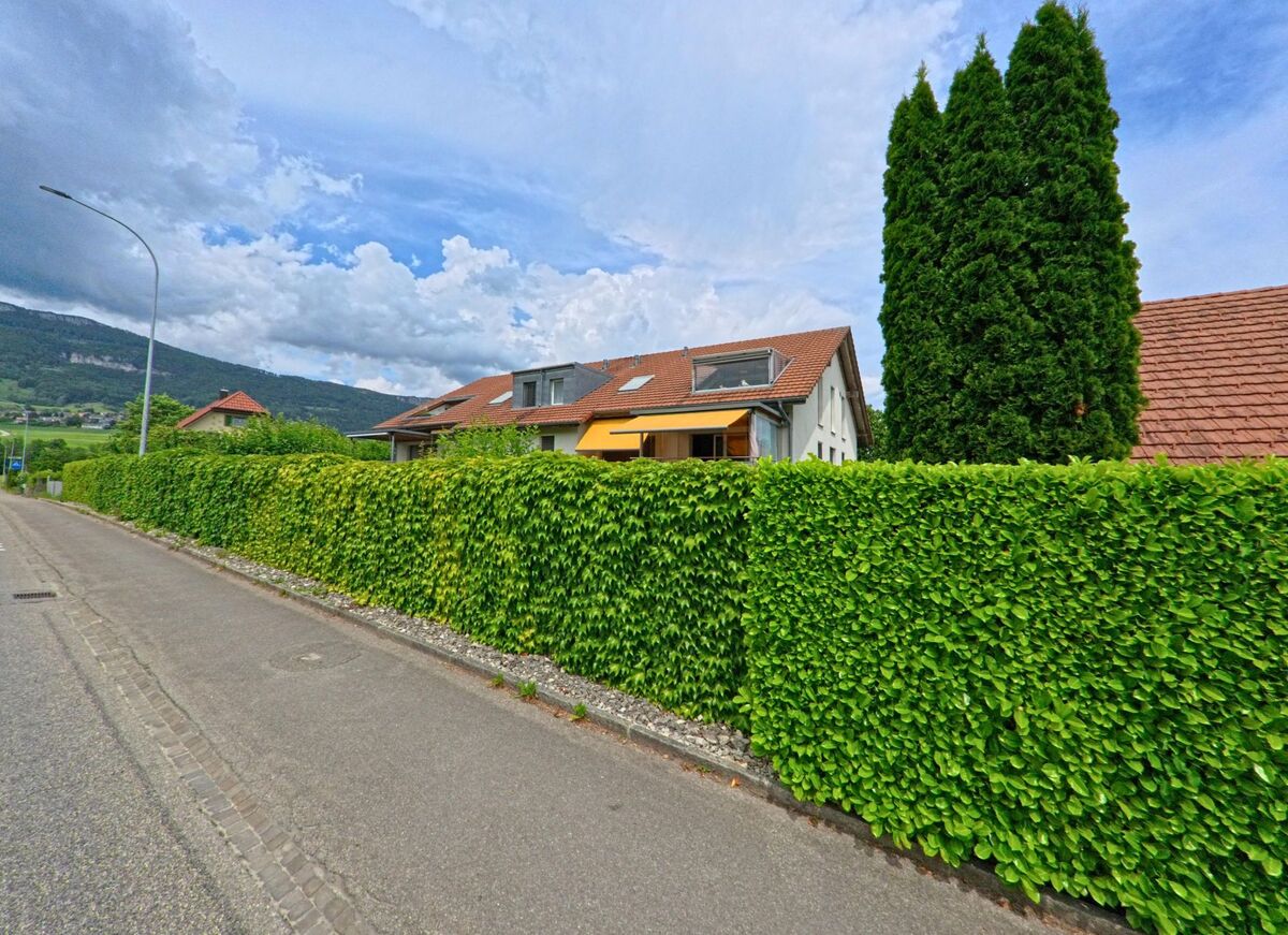 Ein Wohnhaus mit Dachfenstern und gelber Markise ist in Hubersdorf (4535, Kanton Solothurn) hinter einer dichten grünen Hecke verborgen.