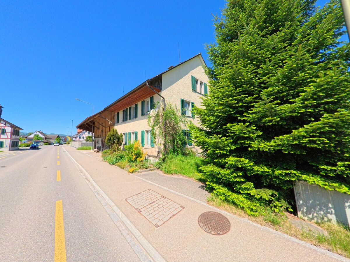 An der Hauptstrasse von Hüttikon im PLZ-Gebiet 8115 im Kanton Zürich steht ein längliches Wohnhaus mit grünem Fensterläden, flankiert von einer grossen Tanne.