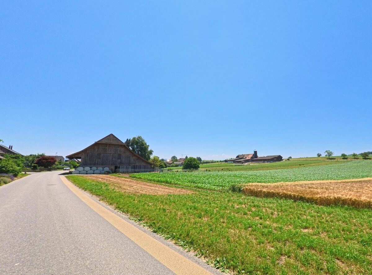 Eine ländliche Straße in Iffwil (3305, Kanton Bern) führt an grünen Feldern und einem traditionellen Bauernhaus mit Strohballen entlang.