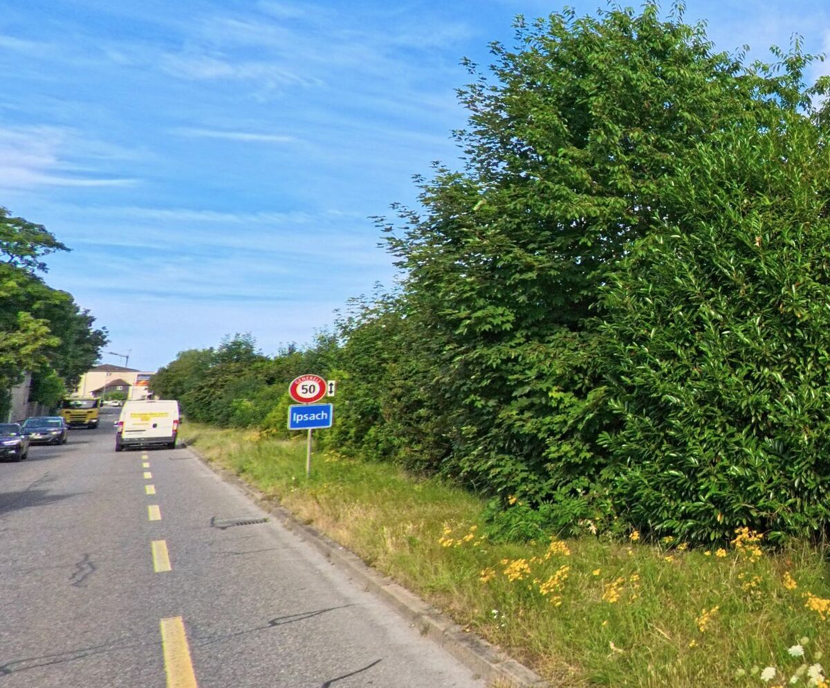 In Ipsach (2563, Kanton Bern) führt die Straße entlang einer grünen Hecke, mit einem Verkehrsschild und einem klaren Himmel im Hintergrund.