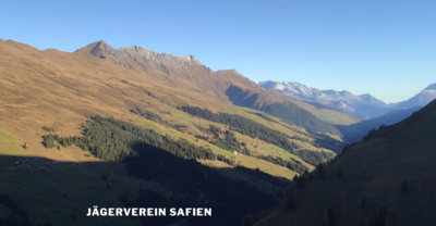Eine weite Berglandschaft mit Tal und bewaldeten Haengen erstreckt sich in Safiental (7104, Kanton Graubuenden) unter klarem Himmel.