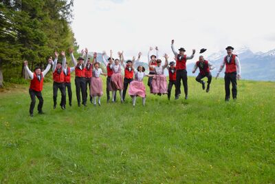 Auf einer Wiese in Illgau (6434, Kanton Schwyz) springt der Jodlerklub Illgau in traditioneller Tracht gemeinsam in die Luft vor alpiner Kulisse.