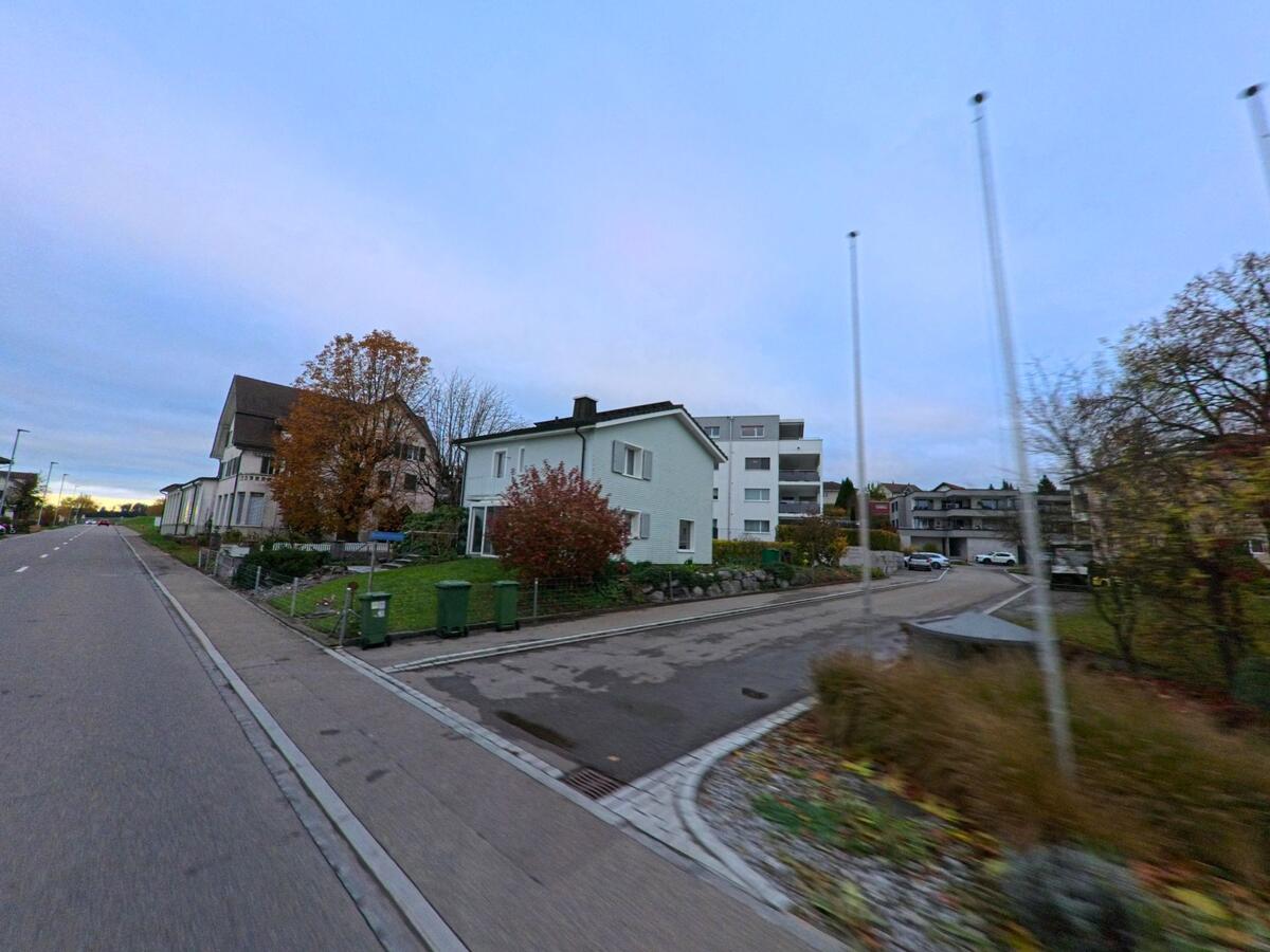 In Jonschwil (9243, Kanton St. Gallen) reihen sich entlang der Strasse mehrere Wohnhaeuser, waehrend eine Zufahrt zu modernen Mehrfamilienbauten in ein kleines Quartier fuehrt.