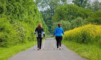 Zwei Frauen des Katholischen Frauenvereins Horgen aus Horgen (8810, Kanton Zürich) gehen mit Nordic-Walking-Stöcken auf einem Weg durch eine grüne Landschaft.