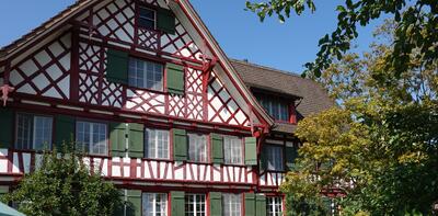 Zwischen Bäumen steht ein historisches Fachwerkhaus mit grünen Fensterläden in Sommeri (8580, Kanton Thurgau) bei klarem Himmel.