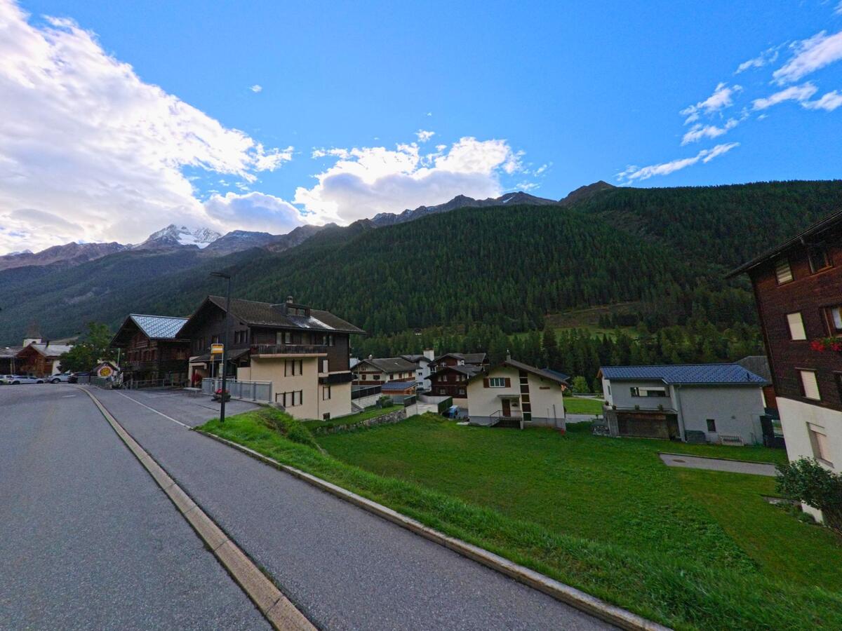 Am Ortsrand von Kippel (3917, Kanton Wallis) stehen einzelne Wohnhaeuser vor einem bewaldeten Berghang mit schneebedecktem Gipfel im Hintergrund.