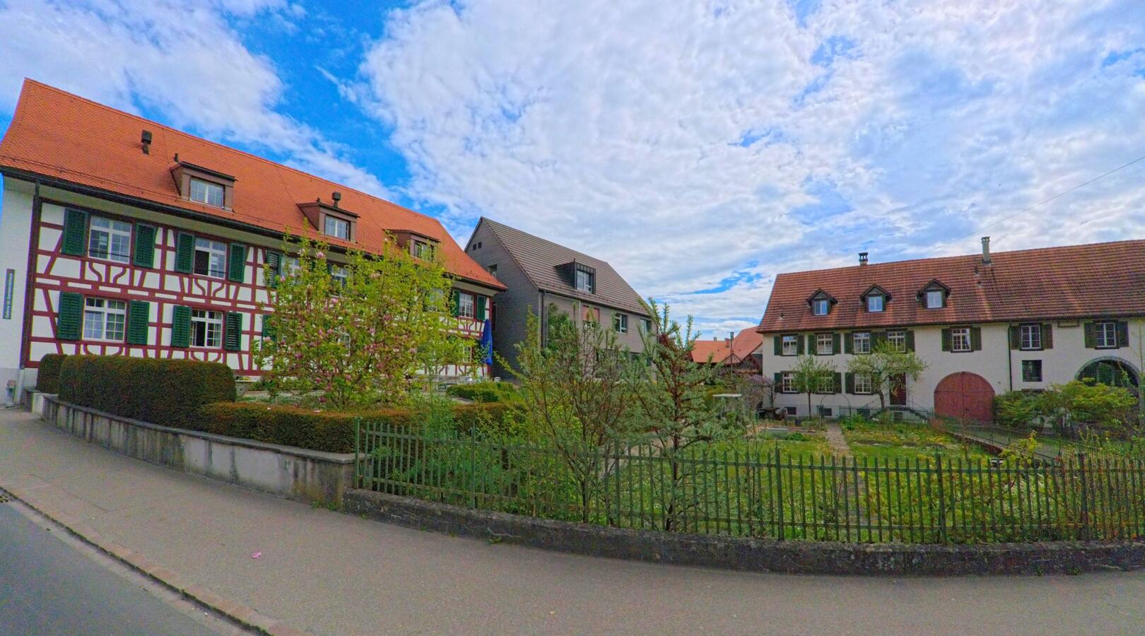 In Kleinandelfingen im Kanton Zürich (PLZ 8451) stehen mehrere historische Wohnhäuser mit roten Ziegeldächern und gepflegten Vorgärten entlang einer ruhigen Strasse.