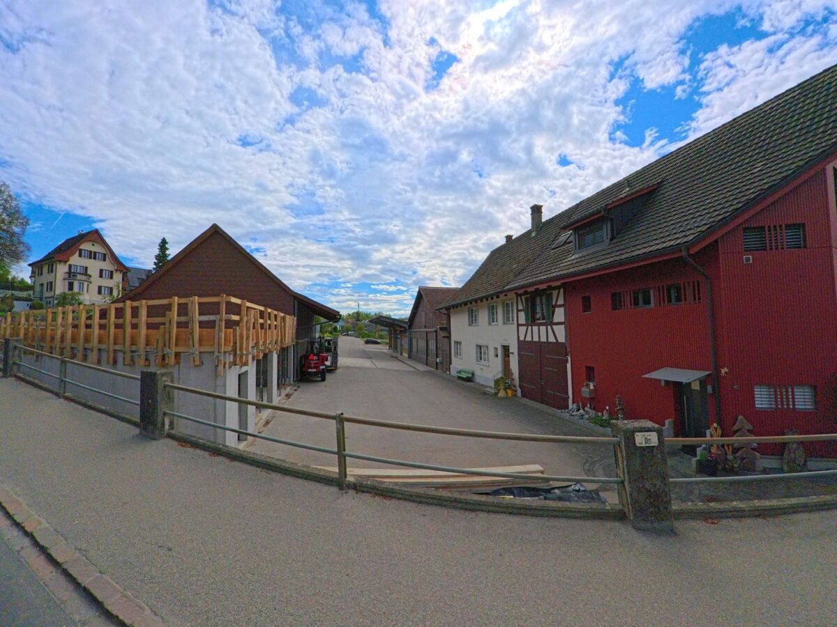 In Kleinandelfingen im Kanton Zürich (PLZ 8451) verläuft eine schmale Seitenstrasse mit teils renovierten und teils traditionellen Wohn- und Nebengebäuden in ruhiger Umgebung.