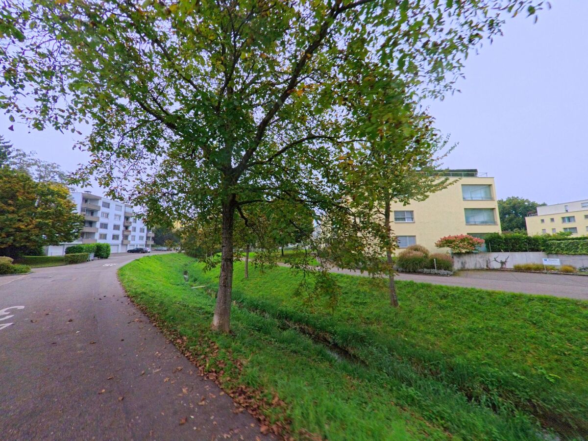 Entlang eines kleinen Bachs in Klingnau (5313, Kanton Aargau) stehen moderne Mehrfamilienhäuser mit gepflegten Grünflächen und Bäumen.