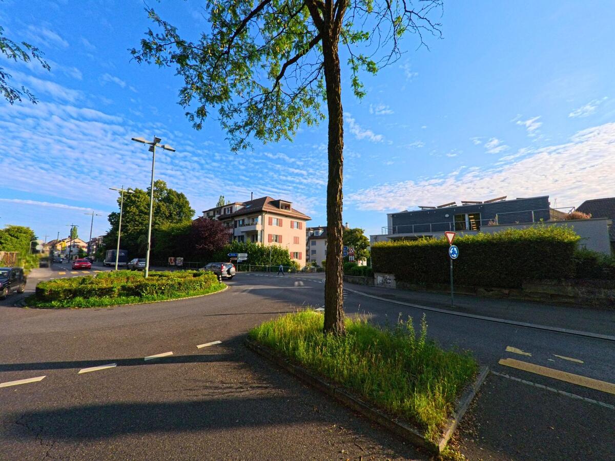 Ein kleiner Kreisverkehr in Koeniz (3084, Kanton Bern) ist von Gruenflaechen und einem einzelnen Baum in der Mitte gestaltet, umgeben von Wohn- und Geschaeftsgebaeuden.