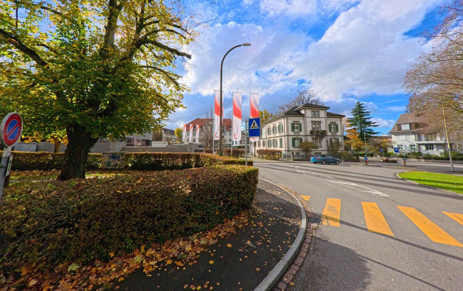 An einer Strassenkreuzung in Kreuzlingen (8280, Kanton Thurgau) markieren gelbe Zebrastreifen den Fussgängerübergang vor einem Gebäude mit Fahnen und herbstlichen Bäumen.