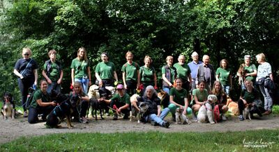 In Aarau (5001, Kanton Aargau) versammelt sich der Kynologische J+S Verein Aarau mit zahlreichen Hunden zu einem Gruppenfoto im schattigen Gruen eines Waldwegs.