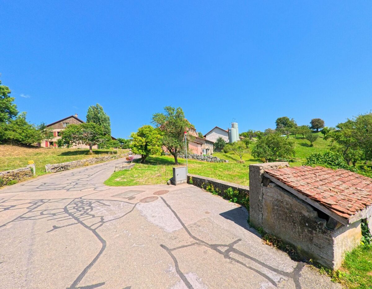 Ein schmaler Strassenabschnitt in La Grande Beroche (2027, Kanton Neuenburg) fuehrt bergauf an traditionellen Haeusern und gruener Obstwiese vorbei.