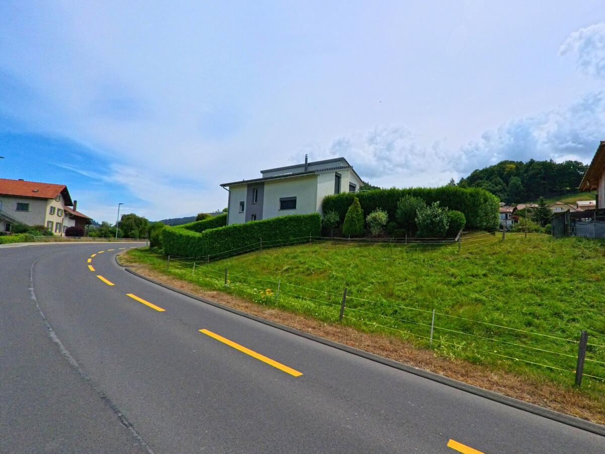 In La Roche (1634, Kanton Freiburg) verläuft eine kurvige Strasse zwischen Wohnhäusern und gepflegten Gärten am Rand eines Siedlungsgebiets.