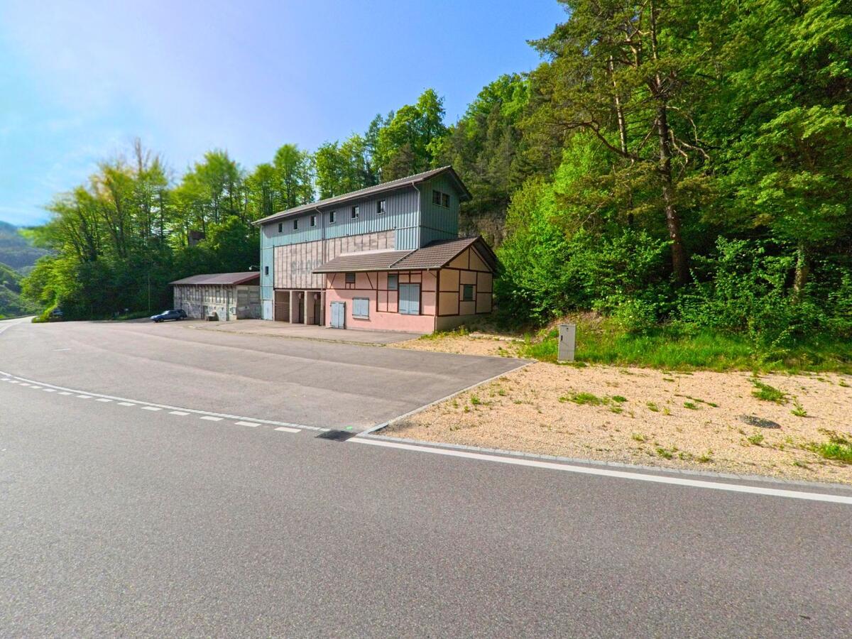 Direkt am Waldrand von Läufelfingen (4448, Kanton Baselland) steht ein langgezogenes Gebäude mit Werkstattcharakter an einer ruhig verlaufenden Strasse.