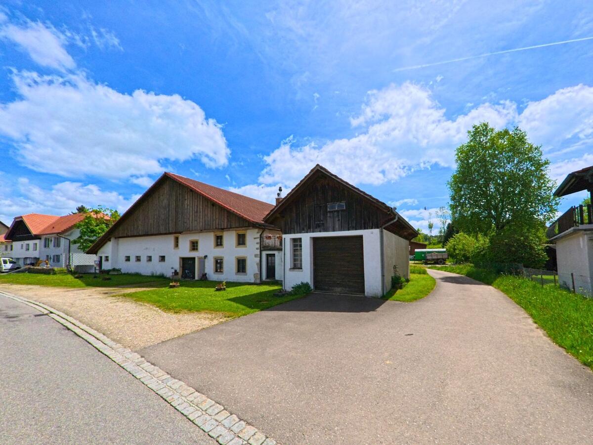 In Lajoux (2718, Kanton Jura) reihen sich traditionelle Bauernhäuser mit gepflegten Vorgärten entlang einer ruhigen Nebenstrasse.