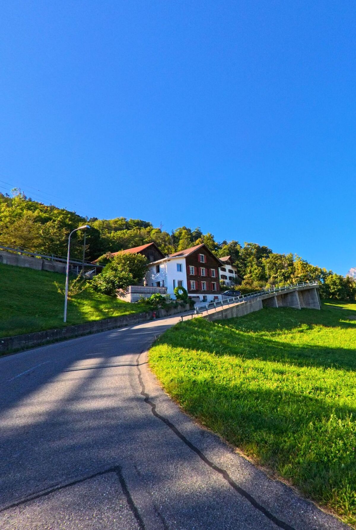 Entlang einer steilen Strasse in Landquart (7303, Kanton St. Gallen) stehen traditionelle Wohnhäuser mit Holzfassaden am grünen Hang unter blauem Himmel.