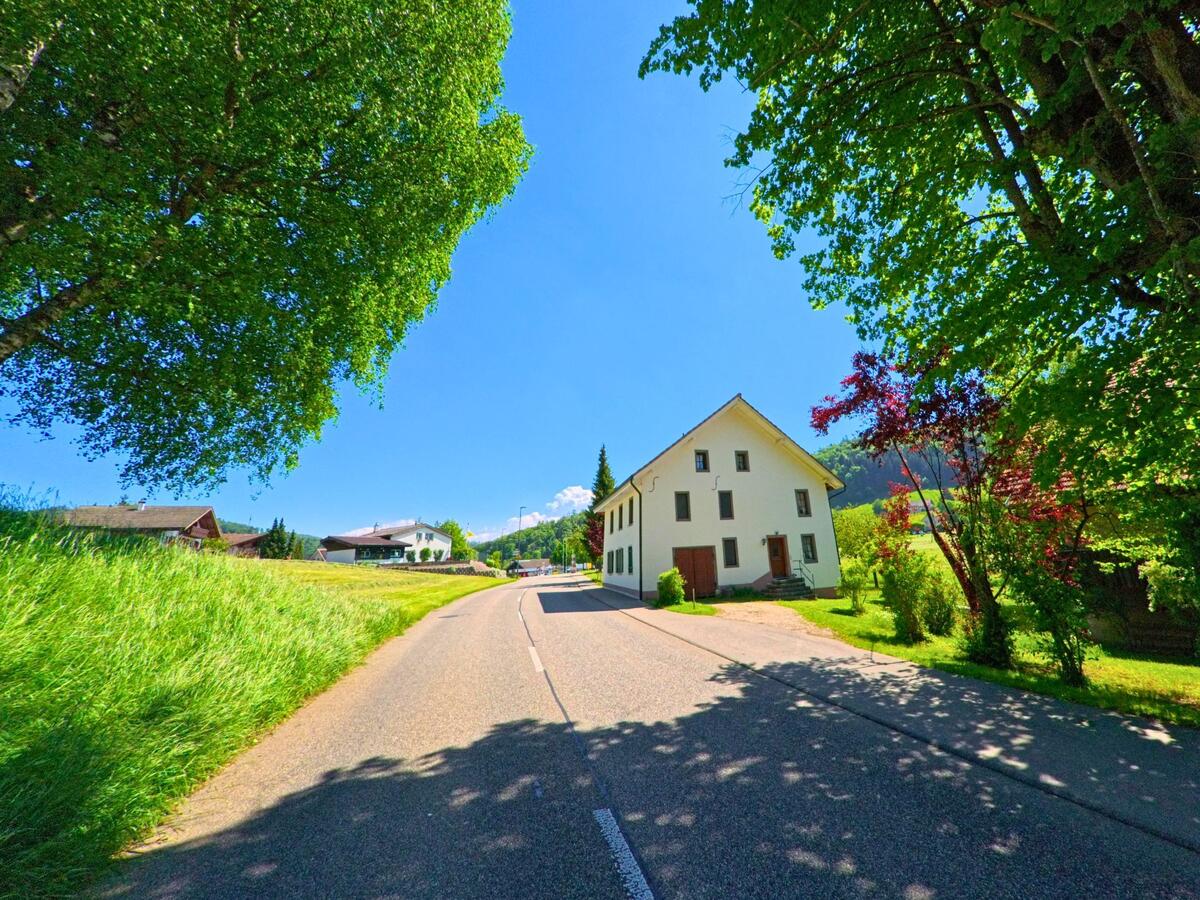 Am sonnigen Dorfrand von Langenbruck (4438, Kanton Baselland) verläuft eine ruhige Strasse vorbei an einem hellen Wohnhaus und von Bäumen gesäumten Wiesen.